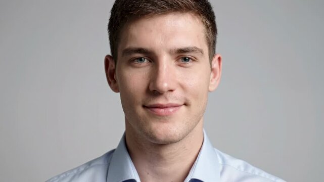Young man in light blue shirt smiling gently at camera, clean studio headshot on gray background with confident professional expression