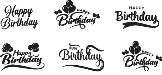 Happy Birthday typography lettering set, black handwritten calligraphic slogans with balloons and hearts vector illustration bundle. © Sadika