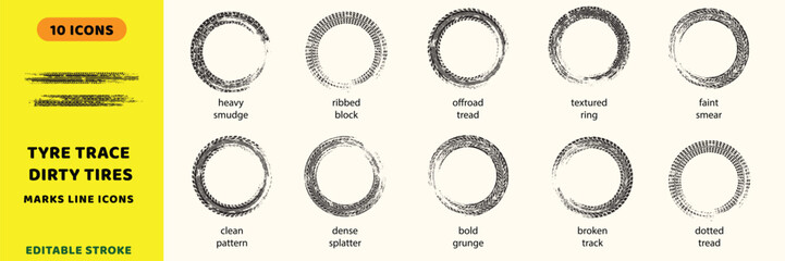 Tyre trace and dirty tires vector icons set. Circular protector tracks, grunge wheel tread marks, and car burnout textures vector signs. Heavy smudge icon. Offroad tread icon. © EMON