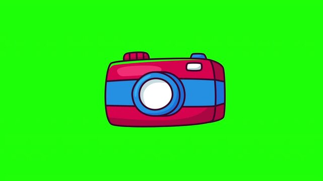 Animated video camera icon with blinking red recording light, flat doodle style, green screen and white background versions, video