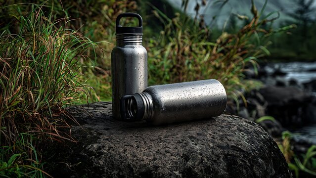 Reusable stainless steel water bottles on natural rock beside stream promoting sustainable outdoor hydration