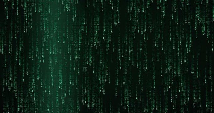 Japanese katakana characters cascade in a dense, green code storm animation with deep tunnel parallax effect.
