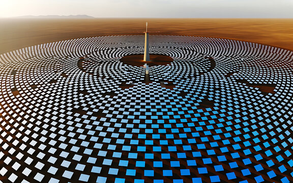 Solar power plant, concentrated solar power system with mirrors reflecting sunlight, desert landscape