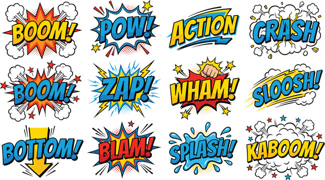 Colorful comic speech bubbles boom action splash sound effects stickers set vector illustration isolated on white background