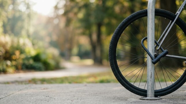 Bicycle locked to a metal post in a park setting.