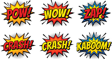 Comic speech bubbles pow wow crash kaboom sound effects halftone vector sticker set isolated on white background book cover graphic © MSTRAZINA