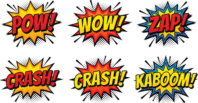 Comic speech bubbles pow wow crash kaboom sound effects halftone vector sticker set isolated on white background book cover graphic