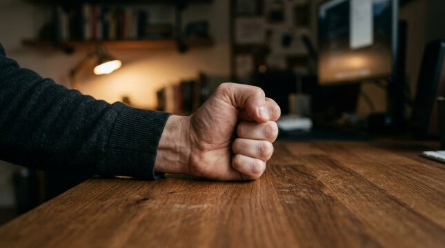 A man striking a wooden table with a clenched fist in frustration.