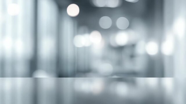 Sleek glass surface in the foreground with a defocused corporate office interior, ideal for showcasing products or digital content. Soft lighting and neutral tones enhance a contemporary vibe