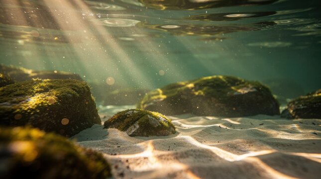 Sunlight filters through clear water onto moss-covered rocks and sandy riverbed, creating a serene underwater scene.