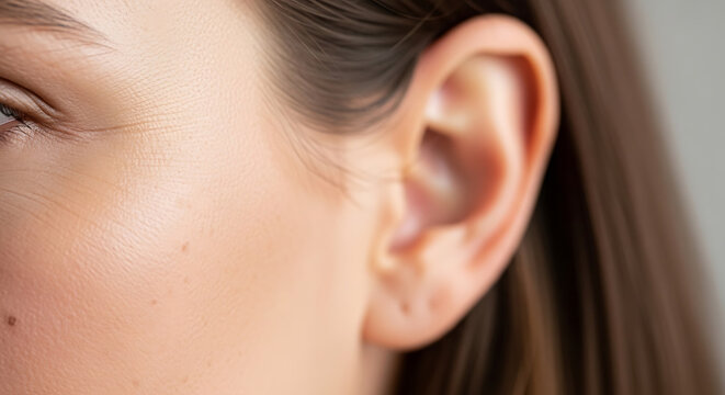 Woman ear with brown hair.