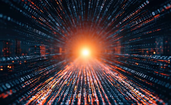 Abstract digital data stream moving through a glowing tunnel of binary code speed