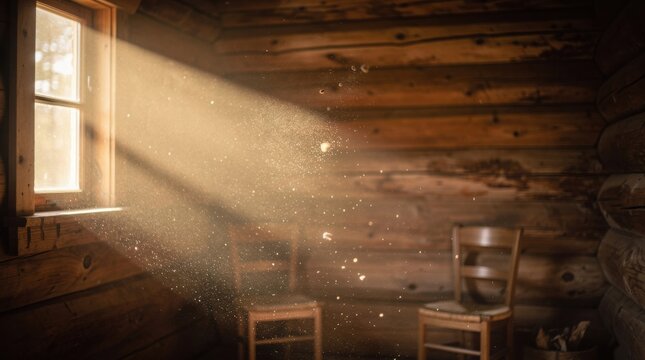 Sunlight streams through a window illuminating dust particles in a rustic wooden cabin with two empty chairs.