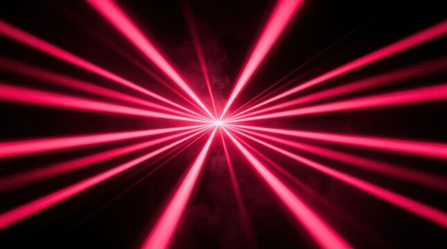 Bright red laser beams radiate outward from a central point against a dark background, creating a dynamic and futuristic light pattern.