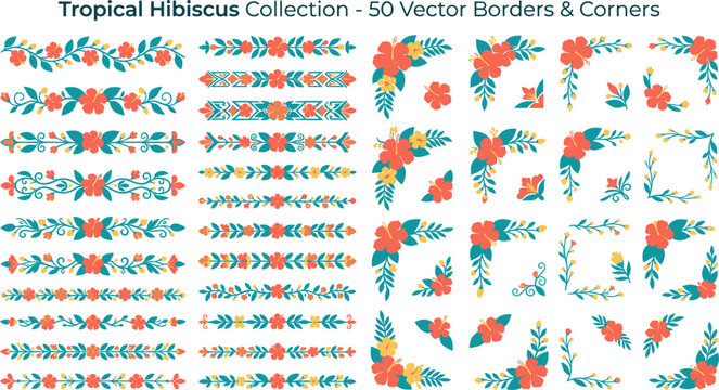 Tropical hibiscus collection with 50 vibrant vector borders and corners for summer party and beach design
