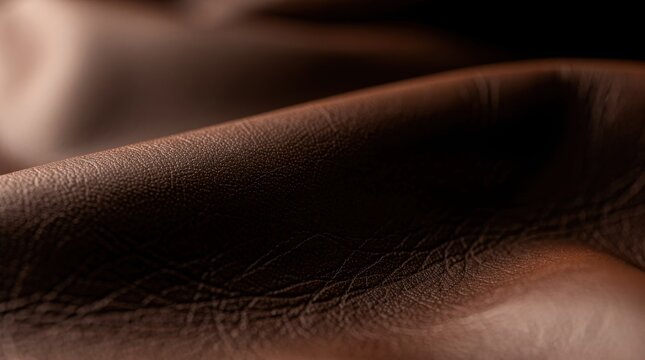 Close-up of textured brown leather with natural wrinkles and folds, highlighting its rich surface and detailed grain under soft lighting.
