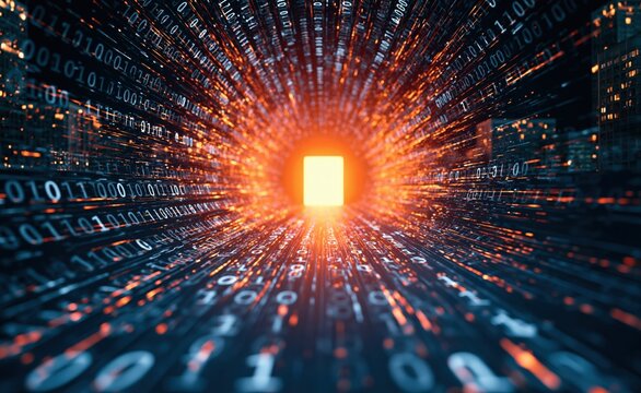 Binary code tunnel representing digital data flow in a virtual cyberspace network