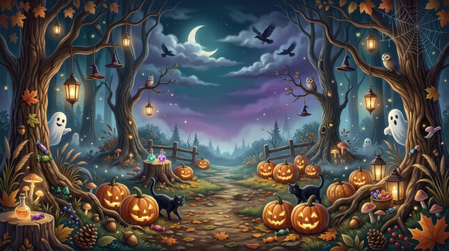 Halloween enchanted forest with glowing jack o lantern pumpkins, spooky night landscape and magical autumn background