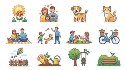 Fototapeta premium Collection of pixel art illustrations depicting various outdoor activities and family scenes.