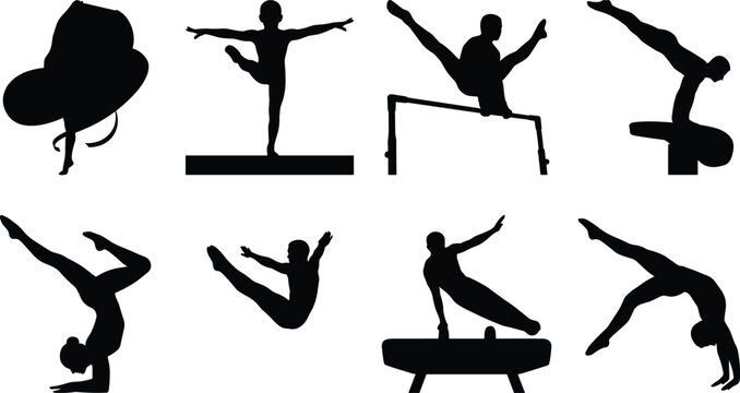 Silhouettes of gymnasts performing routines on apparatus and floor exercises showcasing balance, flexibility, strength, and acrobatic artistry