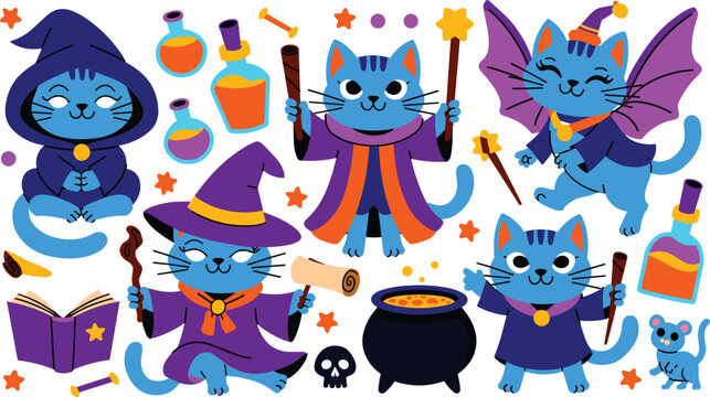 Cute blue wizard cats sticker set featuring magic potions cauldrons spell books and spooky Halloween elements