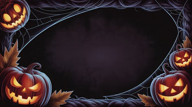 Halloween jack o lanterns with spider webs and leaves on black background