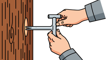 Hands using tool to tap into a tree trunk. © Bolo