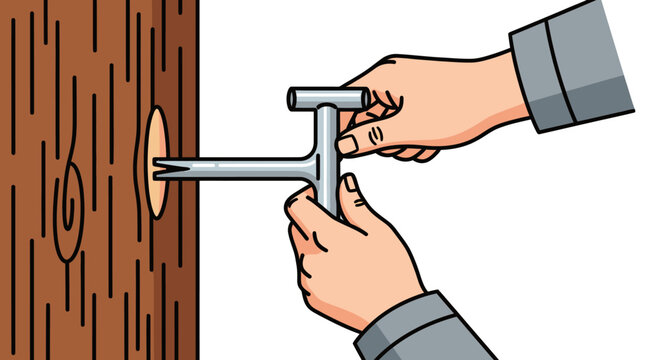 Hands using tool to tap into a tree trunk.