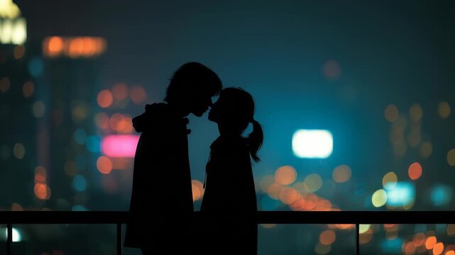 Young couple stands close together on rooftop, their silhouettes highlighted against vibrant cityscape with glowing bokeh lights. Scene evokes feelings romance, connection, urban nightlife magic