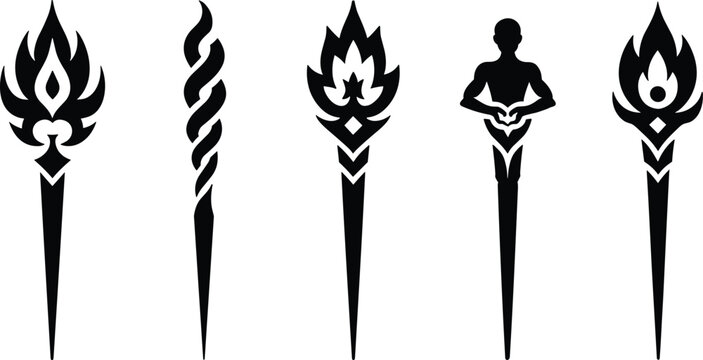 Fantasy magic wand and wizard staves black silhouettes set for roleplaying games vector isolated illustration