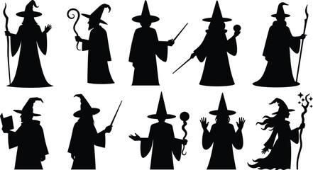 Fantasy wizard and witch silhouettes collection holding magic staves and wands isolated on white background © MSTRAZINA