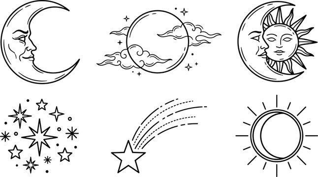 Celestial Sun and Moon Vector Icon Set with Mystical Line Art Elements Featuring Stars Crescent Face and Eclipse for Astrology Designs