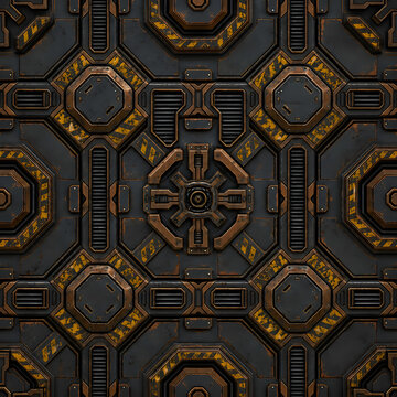Sci-Fi Industrial Hazard Panel with Mechanical Core, Armored Metal Wall Texture