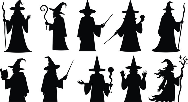 Fantasy wizard and witch silhouettes collection holding magic staves and wands isolated on white background