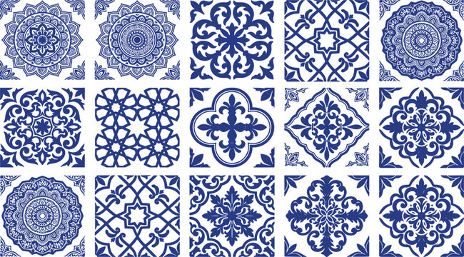 Seamless pattern set of traditional blue and white azulejo style ceramic tile designs with traditional ornamental geometric seamless background porcelain mediterranean decorative ornament