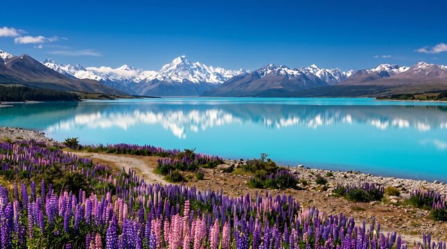 New Zealand Lake Tekapo Lupine Fields with Church of the Good Shepherd