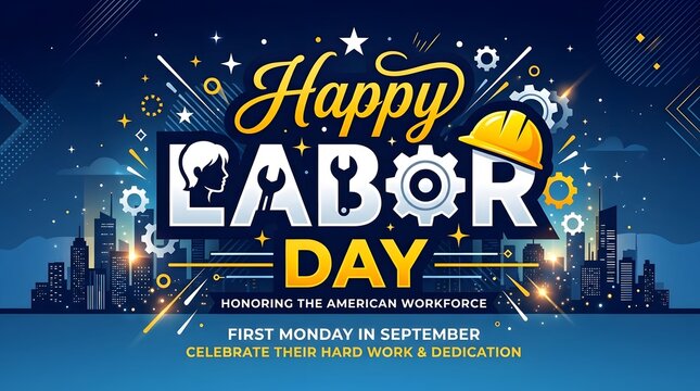 Happy labour day banner celebrating american workers with city skyline and industrial gear illustration