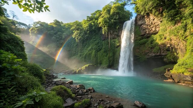 Lush jungle waterfall cascading into turquoise pool with sunrays and mist creating serene ambiance