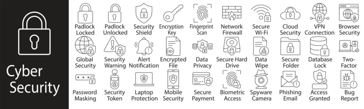 Cyber security and data privacy solid icon set. Featuring network firewall, cloud security, secure payment, VPN connection, and phishing email. Editable vector glyphs for risk management and audits.