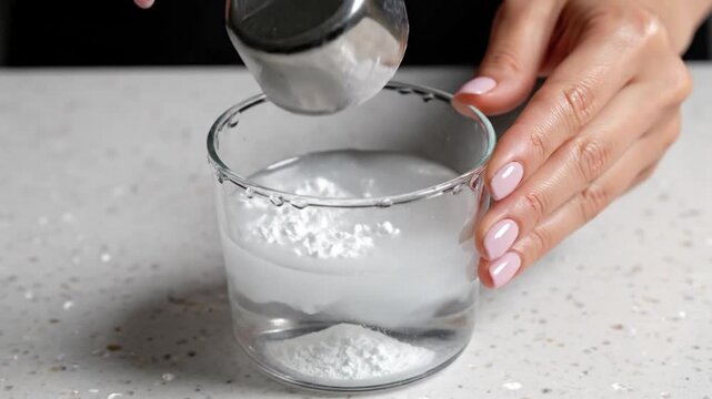 Woman pouring powder into glass cup.