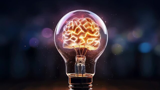 Glowing brain inside a glass light bulb. Conceptual symbol of intelligence and creative thinking. Scientific model of human mind energy for innovation research.