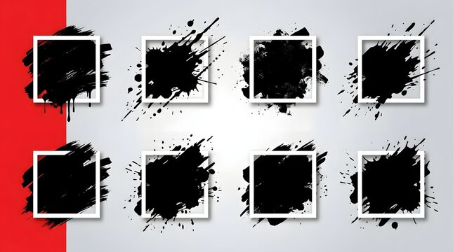 Black Ink Splatter Frames Set Arranged in a Minimalist Grid Layout Design