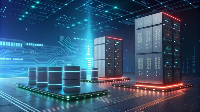 Server racks in futuristic data center with glowing blue lights and circuit board elements in cinematic motion