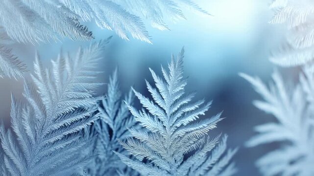 Close up of intricate frost crystals forming natural patterns on a window, inspired by winter's beauty. The image highlights the elegance of frozen nature and the captivating details of ice art