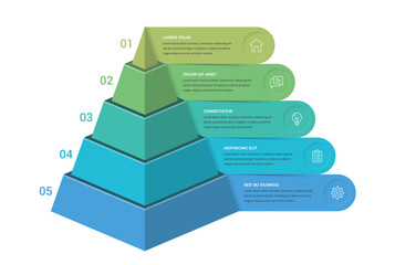 Five level isometric pyramid infographic template featuring horizontal banners extending from each layer to display sequential stages or hierarchical data categories