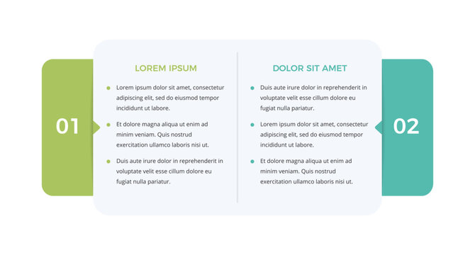 Comparison chart infographic template featuring a horizontal layout with two numbered side tabs and a central content area divided into two distinct columns for presenting contrasting data or options
