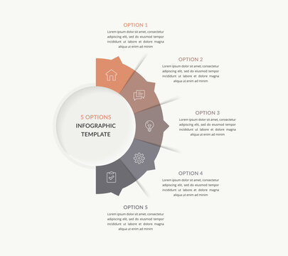 Modern circular infographic template with five segmented sections and connected text areas. Clean business presentation layout for process, workflow, strategy or timeline visualization