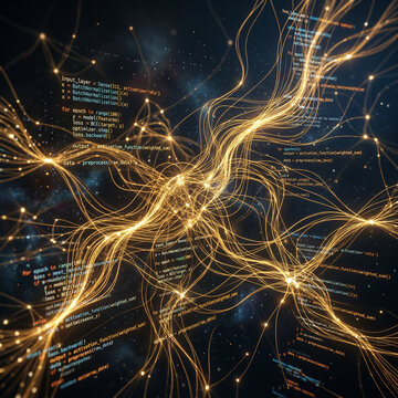 Glowing golden neural network fibers with background computer code.