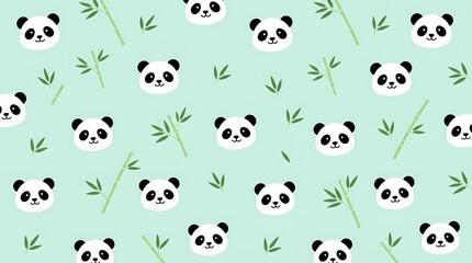 Fototapeta premium Seamless pattern with cute panda faces and bamboo leaves on green background.