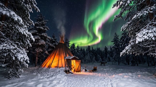 Aurora Borealis Over Sami Lavvu Camp in Finnish Lapland Winter Forest